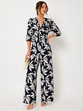 ASOS Floral Leaf Print Wide Leg Jumpsuit Navy Cream Wrap Front Size US 4